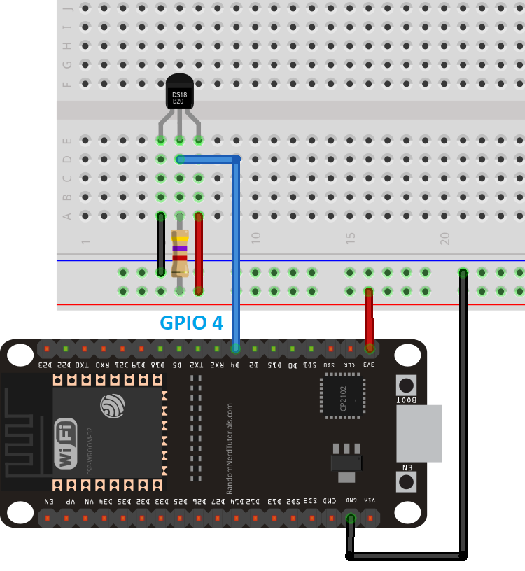 "Wiring for DS18B20 sensor with resistor"