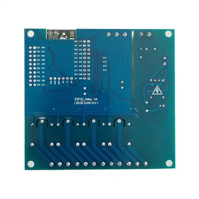 Underside of ESP32 4-relay board Underside of the ESP32 4-relay board, showing the ESP32 pin locations